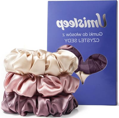 Set van 3 100% Mulberry Zijde Scrunchies voor Vrouwen, Zachte Haarbanden voor Minder Frizz en Haarbreuk, Elastische Haaraccessoires in Roze, Champagne en Paars