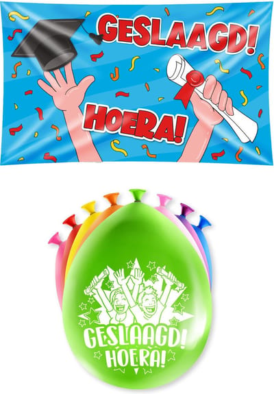 Paperdreams Geslaagd thema party versiering set Hoera - Grote vlag en 16x ballonnen