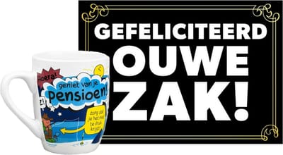 Grappige verjaardagsmok/beker Hoera Pensioen tekst 300 ml + wenskaart Gefeliciteerd ouwe zak
