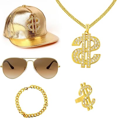 90s Hip Hop Kostuum voor Mannen - 80s en 70s Outfit met Accessoires voor Carnaval, Gangster Thema, Inclusief Pet, Gouden Dollar Ketting, Ring en Zonnebril Set