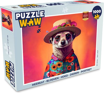 Puzzel Meerkat - Bloemen - Hoed - Dieren - Portret - Stokstaartje - Legpuzzel - Puzzel 1000 stukjes volwassenen