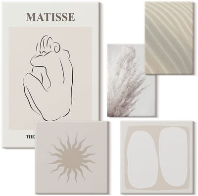 Wallfluent Set van canvas schilderijen - Boho-stijl, minimalistische vormen en natuurlijke motieven Canvas Schilderijen Set - Set van 5 Canvas Schilderijen - Beige Set van Canvas Prints - Abstractie Canvas Kunst Set - Boheemse Canvas Kunst Set