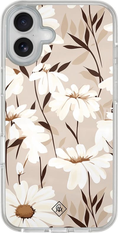 Casimoda® hoesje - Geschikt voor iPhone 16 - In Bloom - 2-in-1 case - Schokbestendig - Bloemen - Verhoogde randen - Bruin/beige, Transparant