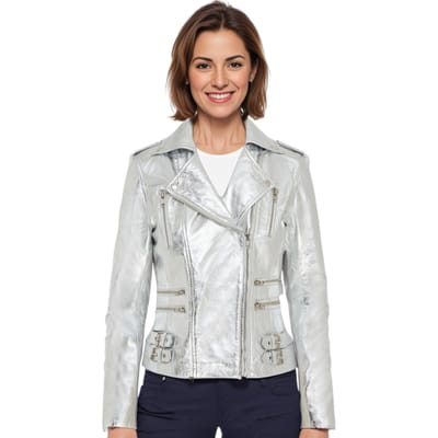 Dames leren zilveren Brando bikerjack - Constantia