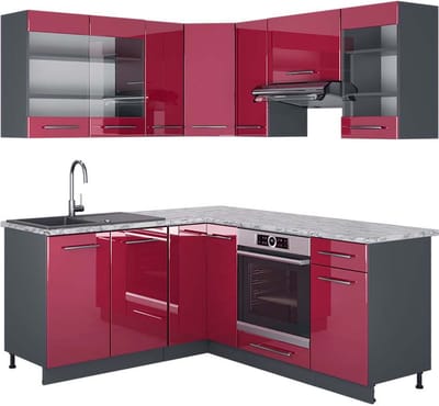 Vicco Hoekkeuken Fame-Line, Bordeauxrode hoogglans/Antraciet, 190 x 160 cm, WB Marmer