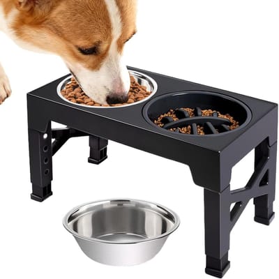 Honden Drinkbak - Bakonderstel Voerbak - Ergonomisch Eten - 5 Hoogtes Verstelbaar - 44.5 x 24 x 8 cm - Zwart