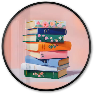 Poster in lijst Rond - Fotolijst 60x60 cm - Posters - Boeken - Stapel - Kleurrijk - Ronde posterlijst zwart - Decoratie - Wanddecoratie woonkamer - Muurdecoratie slaapkamer
