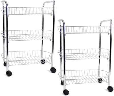 Set van 2x stuks verchroomde keuken trolleys met manden op wielen 50 x 26 x 63 cm - Keuken/badkamer rekje van metaal
