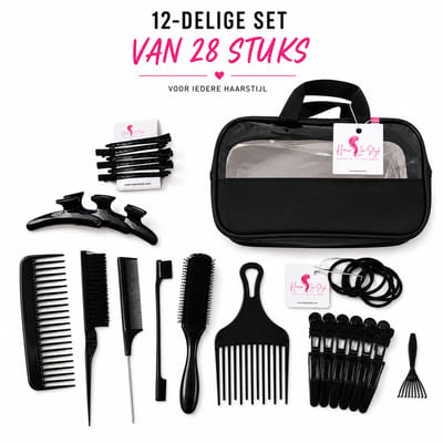 Haar in Stijl® 28-delige Zwart Toilettas - Vlinderclip Schoonmaakborstel Afro Kam Metalen Clips - Cadeauset