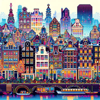 Pixel art amsterdam schilderij | Amsterdamse skyline tot leven gebracht met levendige pixelkunst creatie | Kunst - 100x100 centimeter op Dibond | Foto op Dibond