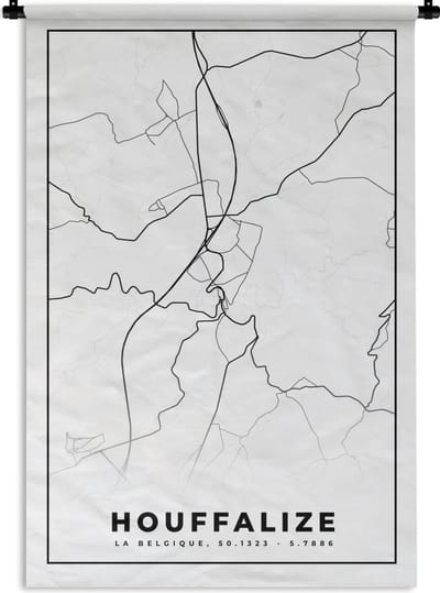 Wandkleed - Wanddoek - België – Houffalize – Stadskaart – Kaart – Zwart Wit – Plattegrond - 120x180 cm - Wandtapijt