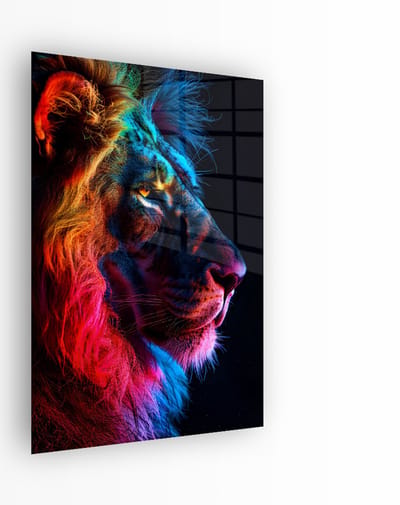 Indoorart - Glasschilderij Leeuw Regenboogkleuren 40x60 CM - Afbeelding op plexiglas - Inclusief montagemateriaal