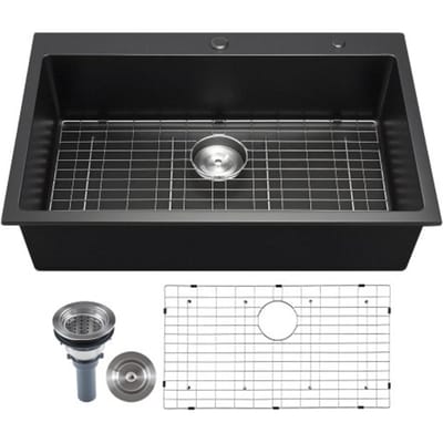 VEVOR Granieten Keuken Spoelbak (838 x 559 x 222 mm) voor opbouwmontage, Inbouw Spoelbak in Landelijke Stijl met Accessoires, Huishoudelijke Spoelbak voor Campers, Voorbereidingskeukens, Bars, Zwart