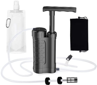 Waterfilterpomp - Waterzuiveringspomp - Waterfiltersysteem - Waterfilter - Overlevingsuitrusting - Noodpakket - 0,01 micron 5-traps waterfilter - Survival Kit - voor buiten - kamperen, wandelen, backpacken (Zwart)