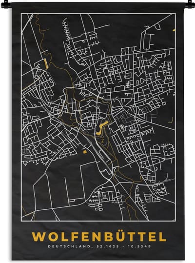 Wandkleed - Wanddoek - Duitsland – Black and Gold – Wolfenbüttel – Stadskaart – Kaart – Plattegrond - 120x180 cm - Wandtapijt