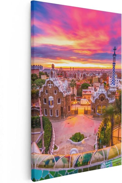 Artaza Canvas Schilderij Park Güell - 20x30 cm - Klein - Wanddecoratie Mozaiek - Muurdecoratie Zonsondergang - Kamer Accessoires Stad