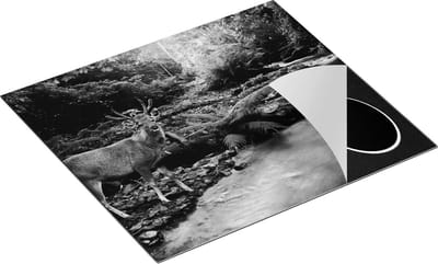 Chefcare Inductie Beschermer Hert bij een Rivier in een Jungle - Zwart Wit - 60x50 cm - Afdekplaat Inductie - Kookplaat Beschermer - Inductie Mat