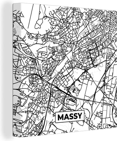Canvas Schilderij Plattegrond - Kaart - Massy - Frankrijk - Stadskaart - Zwart wit - 20x20 cm - Wanddecoratie
