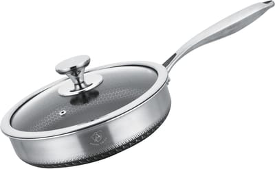Royal Swiss® Koekenpan Ø 28 cm – PFAS & PTFE vrij – RVS Tri-Ply Honingraat Anti-aanbak – Inductie & alle warmtebronnen – Glazen Deksel
