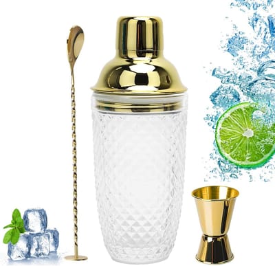 Cocktailshaker van helder glas 400 ml voor martini's en gemixte drankjes, inclusief roestvrijstalen schep voor thuisbars en sapcocktails