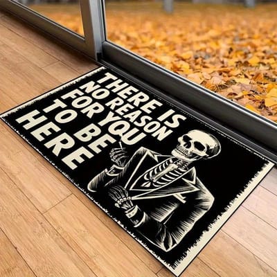 Zwarte Onderkant Deurmat Er Is Geen Reden Voor Jou Om Hier Te Zijn Letters Skelet in Pakken Patroon Vloerkleed Halloween Voorspellingskleed 50X80CM