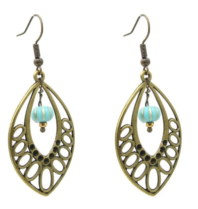 Dames oorbellen - oorhangers - boho stijl - ovaal - blad - bronskleurig - goudkleurig - metaal - turqoise kraal - lengte 6 cm