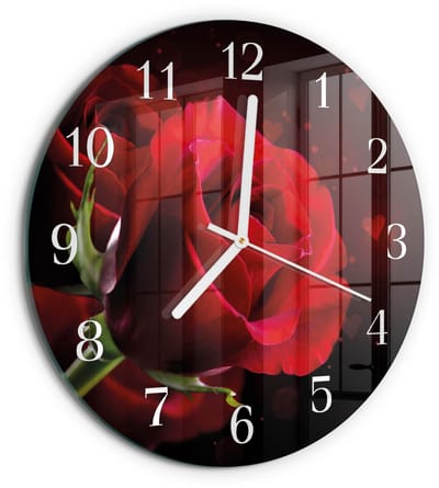 Tulup Wandklok - Rozen Wandklok Glas Met Motief - 30fi cm - Rood Decoratieve Glazen Klok - Witte Handen - Ronde Wandklok - Wandklok Glas Met Motief - Decoratieve Glazen Klok