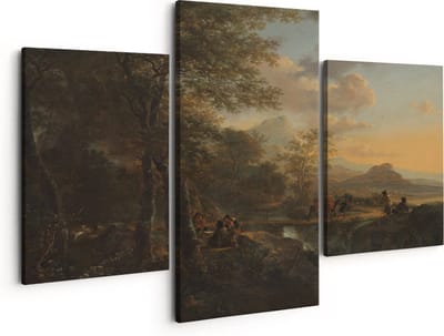 Artaza Canvas Schilderij Drieluik Italiaans Landschap met Tekenaar - Jan Both - 150x120 - Groot - Foto Op Canvas - Canvas Print