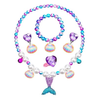 Zeemeermin Sieradenset Schelpjes en Belletjes - Paars/ Blauw Zeemeermin - Ketting - Oorbellen - Armband - Ring - Meisjes Sieraden - Paars - Geschenkset