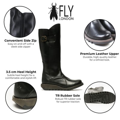 Fly London Dames Zwarte MOL 2 Leren Wedge Heel Kniehoge Rits Laarzen