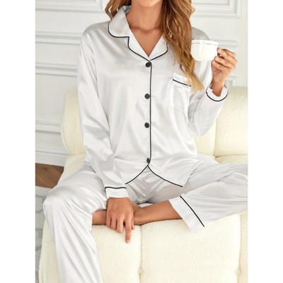 Pyjamaset Lange Mouw Knoopsluiting Revers Top & Broek Set Dames Nachtkleding & Loungewear M wit