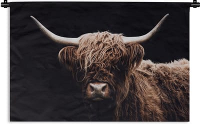 Wandkleed - Wanddoek - Schotse Hooglander - Zwart - Hoorn - 90x60 cm - Wandtapijt