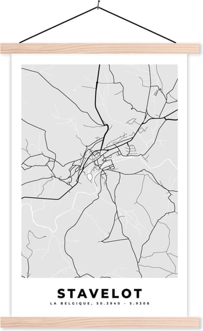 Posterhanger incl. Poster 40x60 cm - Schoolplaat - Zwart Wit – België – Plattegrond – Stadskaart – Kaart – Stavelot - Textielposter - Blanke latten - Stadskaart