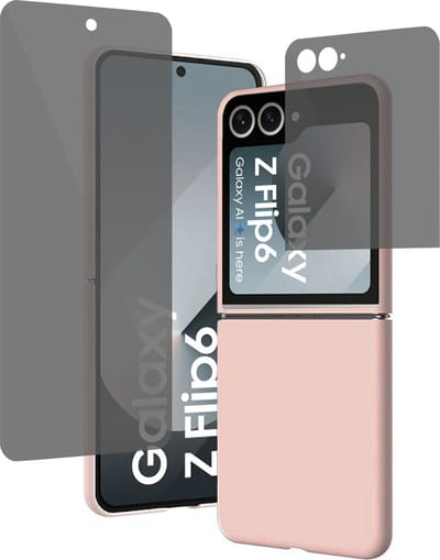 Geschikt voor Samsung Galaxy Z Flip 6 / Flip 7 FE - Hoesje + Privacy Screenprotector – Privé - Beschermglas Folie - Privé GuardCover - Suède Case Rosé