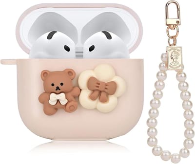 Cartoon beer strik bloemen design siliconen hoes AirPods 4 parelketting zachte beschermhoes sleutelhanger energiezuinig.