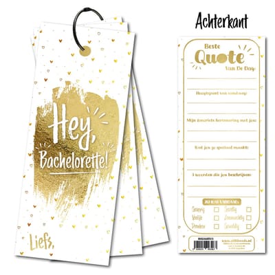 Invulkaart Hey Bachelorette - Invulkaarten set van 15 stuks - met sluitring - invulkaartjes om af te geven - Vrijgezellenfeest - Goud