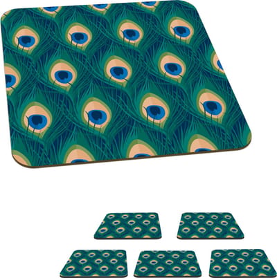 Onderzetters voor glazen - Design - Pauw - Veren - Groen - Blauw - 10x10 cm - Glasonderzetters - 6 stuks