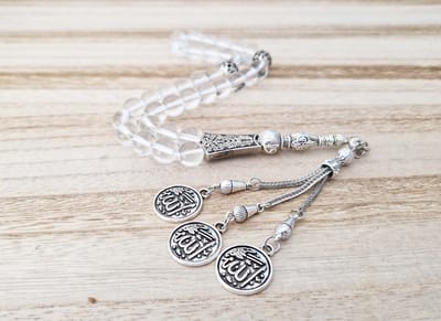 Handgemaakte tesbih "tasbih" natuursteen "Bergkristal" - Aantal kralen 33 - Diameter kralen 10 MM - met metaal tassel "model D1" - Een mooi cadeau-idee