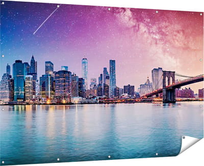 Gards Tuinposter New York Skyline met een Kleurrijke Hemel - 180x120 cm - Tuindoek - Tuindecoratie - Wanddecoratie buiten - Tuinschilderij