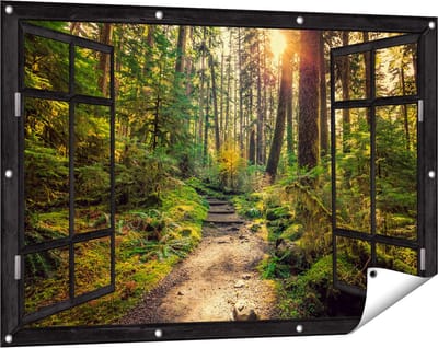 Gards Tuinposter Doorkijk Voetpad in het Bos - 120x80 cm - Tuindoek - Tuindecoratie - Wanddecoratie buiten - Tuinschilderij