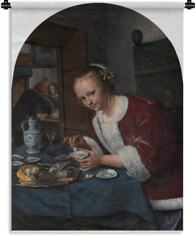 Wandkleed Jan Steen - Het oestereetstertje - Schilderij van Jan Steen Wandkleed katoen 90x120 cm - Wandtapijt met foto