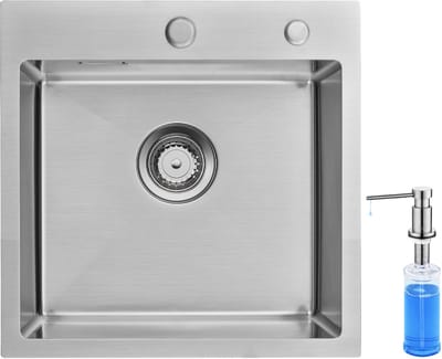 Auralum max Spoelbak 45 x 45 cm - Met Kraangat - Spoelbak Keuken Met Zeepdispenser 300ML - Spoelbakken Keuken - Keuken Gootsteen - Keuken Gootsteen met Sifon en Afvoerzeefje - RVS