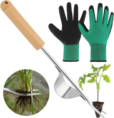 Onkruidsteker met houten handvat voor effectieve onkruidverwijdering in de tuin.