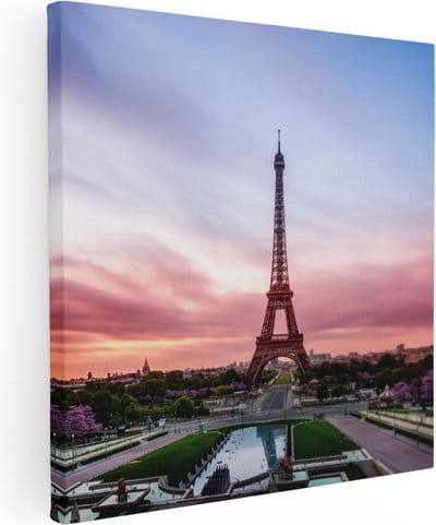 Artaza Canvas Schilderij Eiffeltoren - 80x80 cm - Wanddecoratie Parijs - Muurdecoratie Zonsondergang - Schilderijen Op Canvas Frankrijk