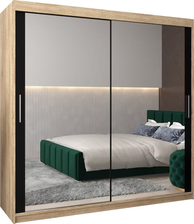 InspireMe - Kledingkast met 2 schuifdeuren, Modern-stijl, Kledingkast met planken (BxHxD): 200x200x62 - TORM III 200 Sonoma Eik + Zwart Mat