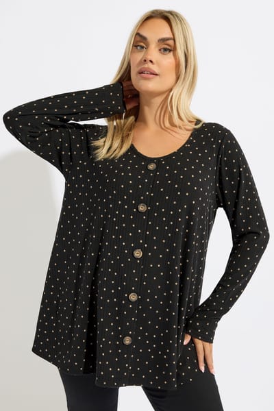 Yours Zwarte Geribbelde Swing Top Met Polka Dot Size 42