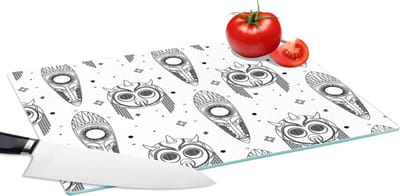 Glazen Snijplank - 39x28 - Maya - Maskers - Zwart-Wit - Patroon - Snijplanken Glas