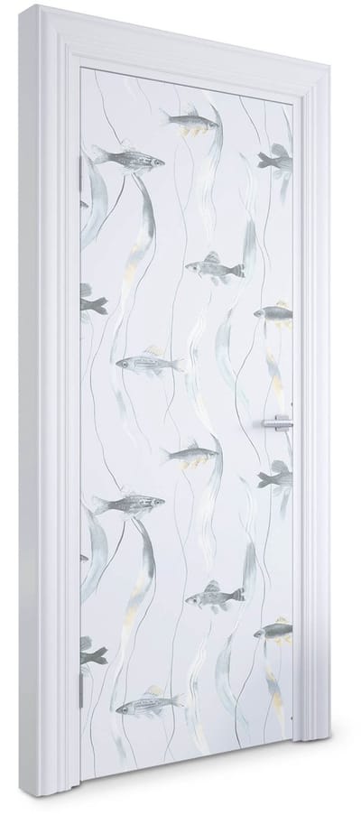 Wallfluent Deursticker - Vis en zeewier Deur Sticker - 75 x 205 cm - Lichtblauw Deurfolie - Moderne Deur Sticker - Dieren Deur plakfolie - Deursticker voor de Slaapkamer - Deurposter