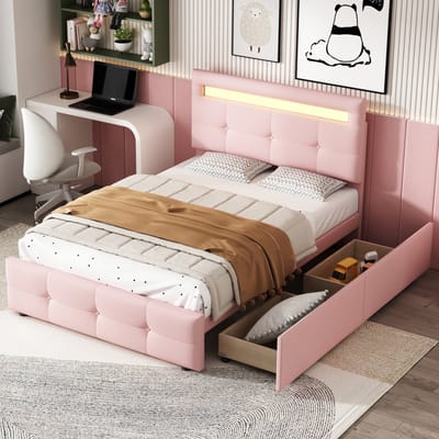 Gestoffeerd eenpersoonsbed met LED en lades - Voor kind- en tienerkamer 90x200 cm - Roze - Verstelbaar hoofdeinde - LED-verlichting met afstandsbediening - 2 opberglades