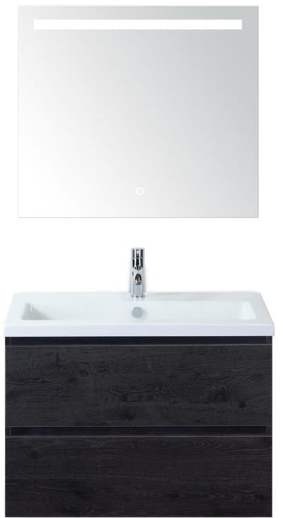 Vogue Badmeubelset 80 cm - Greeplijst in Kleur - Black Oak - Keramische Wastafel Wit 1 Kraangat met Sence Spiegel
